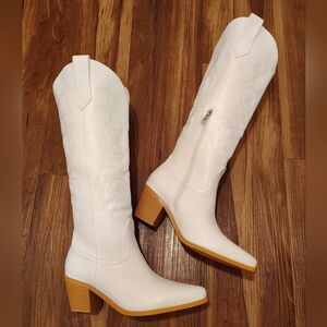 SOLD-White Western-Style Knee-High Boots